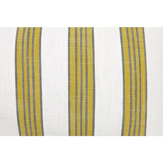 Cojín Rayas Elda - 50 x 30 cm, Textil, Lima, Rectangular - Detalle de una tela a rayas en blanco, amarillo y gris, mostrando su interesante textura y patrón repetitivo.