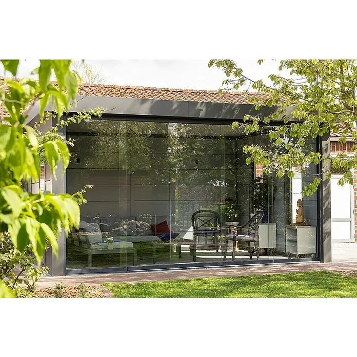 Telluria Pérgola estándar Singolo 4836 con ventanas - Medidas ext. (An x Pr): 508 x 388 cm, Acero, Antracita, Sin set - Ampliación de vidrio luminosa y elegante con zona de estar, ideal para relajarse al aire libre y disfrutar de una vida interior-exterior fluida.