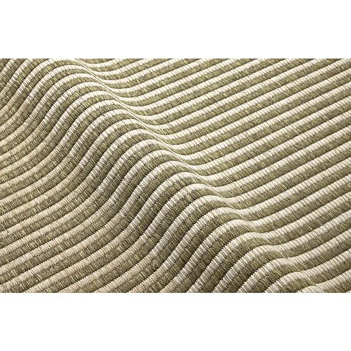 Alfombra exterior In/Out Rayas - Natural, 290 x 200 cm, Polipropileno - Primer plano de una alfombra de pana beige con rayas onduladas y textura, ideal para suelos modernos y diseño de interiores.