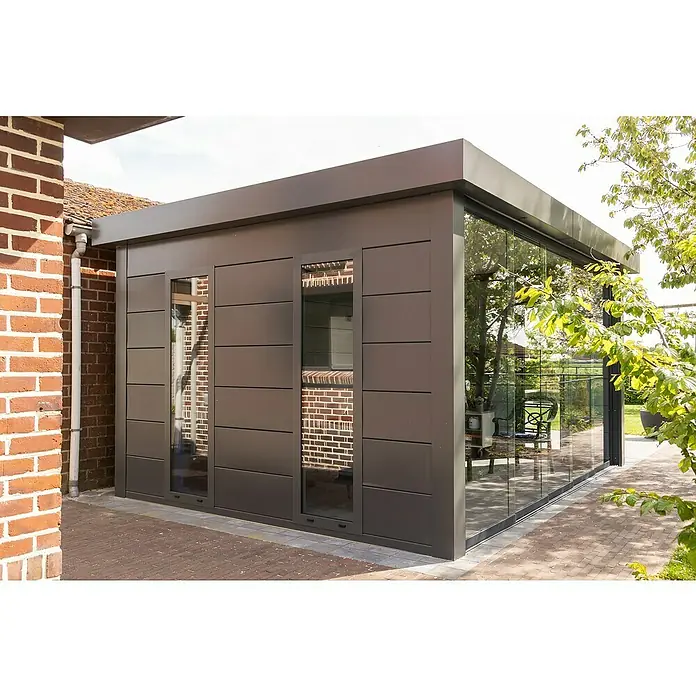Telluria Pérgola estándar Singolo 4836 con ventanas - Medidas ext. (An x Pr): 508 x 388 cm, Acero, Antracita, Sin set - Sauna de jardín moderna con pared panelada y frente de vidrio. La sauna exterior ofrece un refugio relajante en el jardín con luz natural.