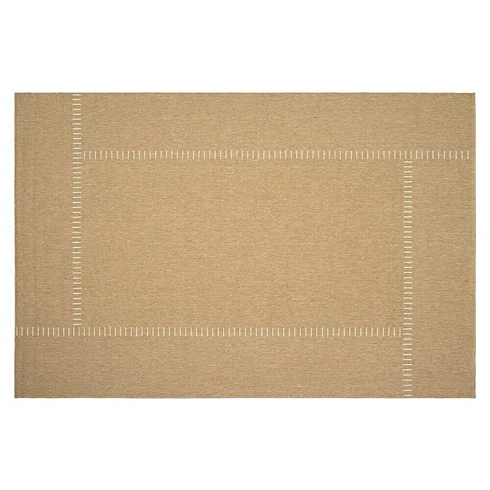 Alfombra exterior reversible In/Out Pespunte - Yute, 110 x 60 cm, Polipropileno - Alfombra beige con un patrón rectangular y puntadas decorativas blancas para un ambiente elegante y confortable.