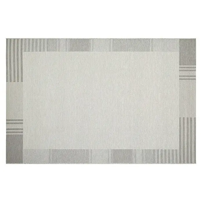 Alfombra exterior In/Out Marco - Gris, 110 x 60 cm, Polipropileno - Primer plano de una alfombra rectangular con un patrón geométrico en tonos grises, ideal para espacios de estar modernos. Acabado de alta calidad.
