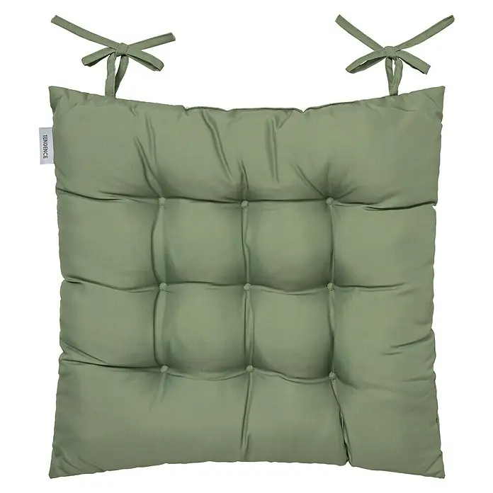 Cojín para silla water resist - 45 x 45 x 5 cm, Verde - Cojín de asiento verde acolchado con diseño de botones y cintas de fijación para sillas, ideal para mayor comodidad.