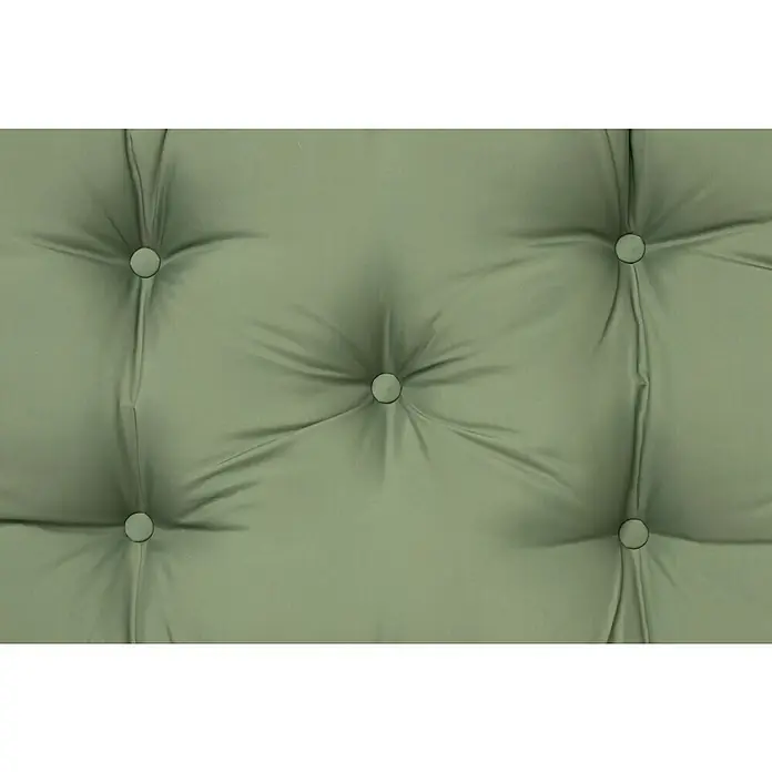 Cojín para asiento de palet water resist - Verde, L x An x Al: 80 x 60 x 10 cm, 100% poliéster - Primer plano de una tapicería verde oliva con botones, mostrando un elemento de diseño lujoso y confortable.