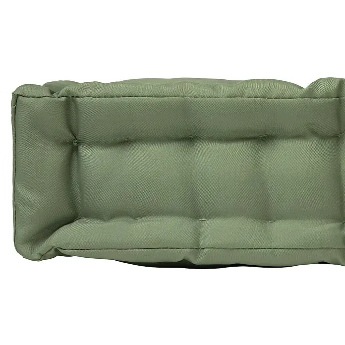 Cojín para asiento de palet water resist - Verde, L x An x Al: 80 x 60 x 10 cm, 100% poliéster - Detalle de un cojín de asiento verde, acolchado, mostrando costuras detalladas y textura de la tela. Ideal para muebles de exterior.