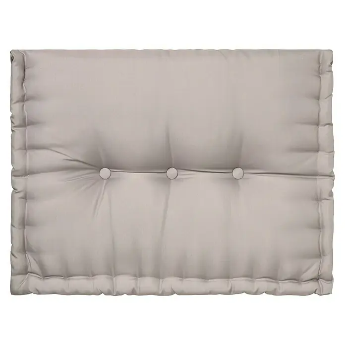 Cojín para respaldo de palet water resist - 60 x 40 x 10 cm, Taupe - Esta imagen muestra un cojín de asiento acolchado de color gris claro con tres botones, que promete comodidad y estilo.