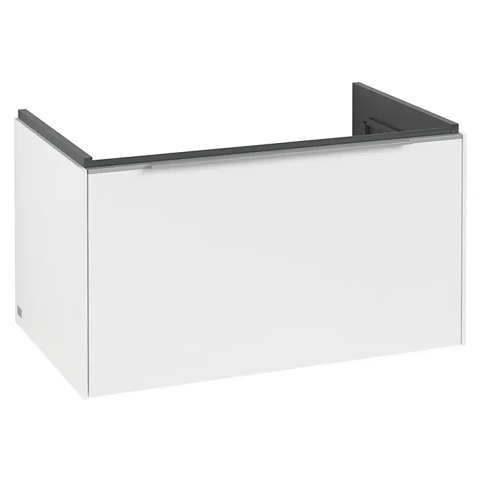 Villeroy & Boch Subway 3.0 Waschbeckenunterschrank - Pure White, Anzahl Schubladen: 1 Stk., Farbe Griff: Aluminium glänzend, B x T x H: 77,2 x 47,8 x 42,9 cm, Mit Beleuchtung - Abbildung eines weißen Waschbeckenunterschranks mit einer grauen Oberseite. Der Schrank ist modern und minimalistisch gestaltet.