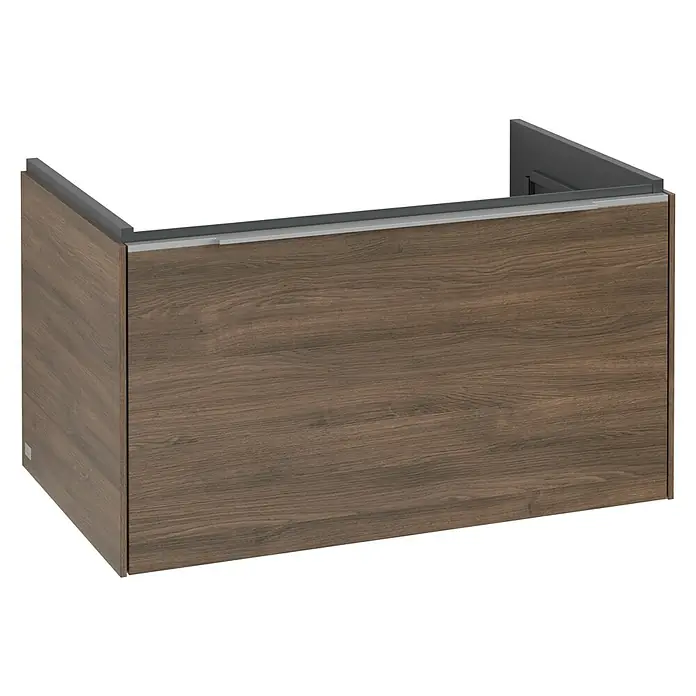Villeroy & Boch Subway 3.0 Waschbeckenunterschrank - Arizona Oak, Anzahl Schubladen: 1 Stk., Farbe Griff: Aluminium glänzend, B x T x H: 77,2 x 47,8 x 42,9 cm, Mit Beleuchtung - Abgebildeter Holzschrank mit grauen Akzenten, ideal für moderne Badezimmer. Der Schrank besticht durch seine hochwertige Verarbeitung.