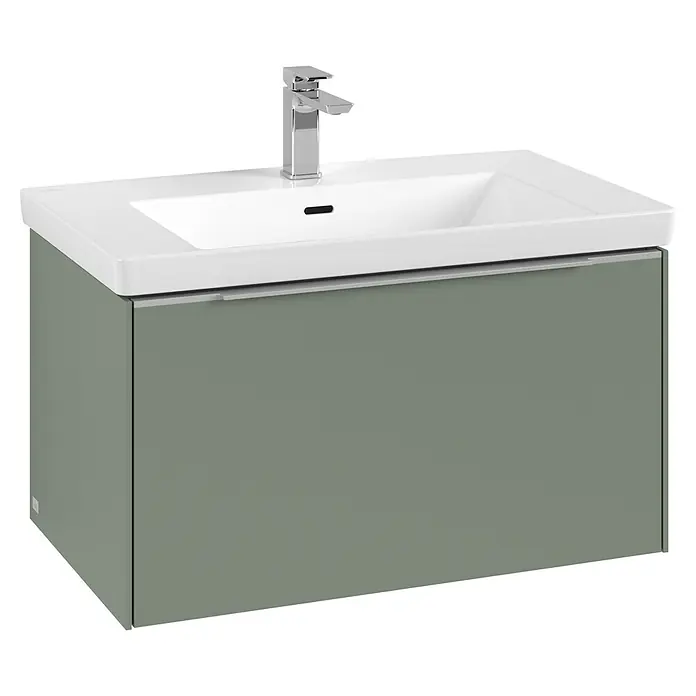Villeroy & Boch Subway 3.0 Waschbeckenunterschrank - Soft Green, Anzahl Schubladen: 1 Stk., Farbe Griff: Aluminium glänzend, B x T x H: 77,2 x 47,8 x 42,9 cm, Mit Beleuchtung - Moderner Waschtischunterschrank in Salbeigrün mit einer glatten, weißen Waschbeckenoberfläche und minimalistischer Armatur.