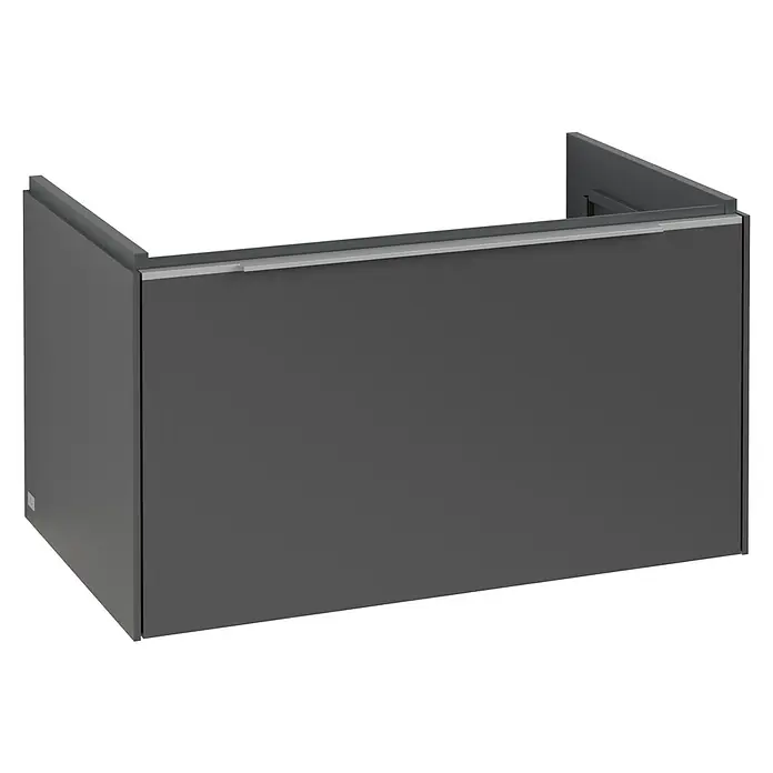 Villeroy & Boch Subway 3.0 Waschbeckenunterschrank - Graphite, Anzahl Schubladen: 1 Stk., Farbe Griff: Aluminium glänzend, B x T x H: 77,2 x 47,8 x 42,9 cm, Mit Beleuchtung - Ein schlichtes, modernes graues Möbelstück mit silberfarbenen Akzenten, ideal für Badezimmer oder Wohnbereich, das Stauraum bietet.