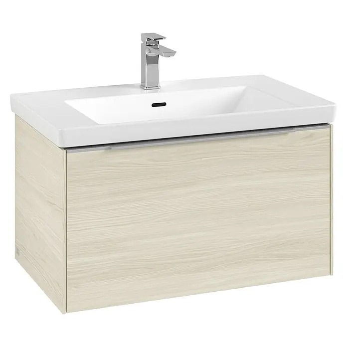 Villeroy & Boch Subway 3.0 Waschbeckenunterschrank - White Oak, Anzahl Schubladen: 1 Stk., Farbe Griff: Aluminium glänzend, B x T x H: 77,2 x 47,8 x 42,9 cm, Mit Beleuchtung - Modernes Waschbecken mit Unterschrank in Holzoptik und einem glänzenden Wasserhahn. Ideal für ein stilvolles Badezimmer.