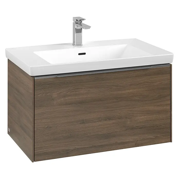 Villeroy & Boch Subway 3.0 Waschbeckenunterschrank - Arizona Oak, Anzahl Schubladen: 1 Stk., Farbe Griff: Aluminium glänzend, B x T x H: 77,2 x 47,8 x 42,9 cm, Mit Beleuchtung - Elegantes Waschbeckenunterschrank-Set mit einer Schublade in dunkler Holzoptik und Armatur. Das perfekte Badezimmermöbel für stilvolles Design.