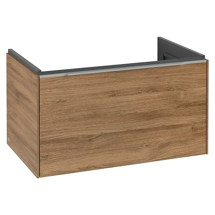 Villeroy & Boch Subway 3.0 Waschbeckenunterschrank - Kansas Oak, Anzahl Schubladen: 1 Stk., Farbe Griff: Aluminium glänzend, B x T x H: 77,2 x 47,8 x 42,9 cm, Mit Beleuchtung - Abgebildeter Unterschrank in Holzoptik, ideal für moderne Badezimmer. Das schlichte Design fügt sich nahtlos in jedes Interieur ein.