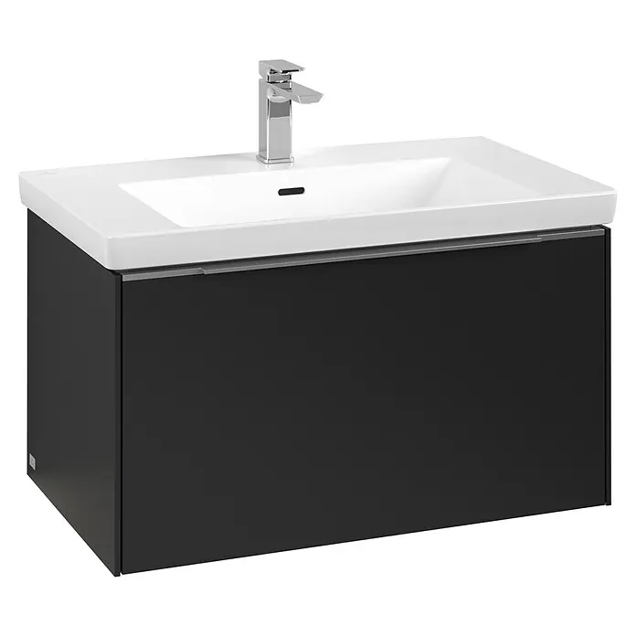 Villeroy & Boch Subway 3.0 Waschbeckenunterschrank - Volcano Black, Anzahl Schubladen: 1 Stk., Farbe Griff: Aluminium glänzend, B x T x H: 77,2 x 47,8 x 42,9 cm, Mit Beleuchtung - Badezimmermöbel mit Unterschrank in Anthrazit und weißem Waschbecken. Der Waschtisch verfügt über eine moderne Armatur.