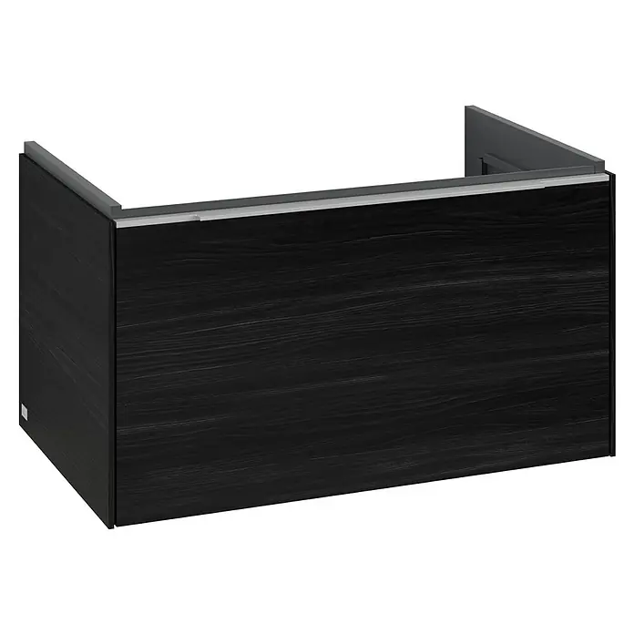 Villeroy & Boch Subway 3.0 Waschbeckenunterschrank - Black Oak, Anzahl Schubladen: 1 Stk., Farbe Griff: Aluminium glänzend, B x T x H: 77,2 x 47,8 x 42,9 cm, Mit Beleuchtung - Dunkler Waschtischunterschrank mit Holzmaserung und grauen Akzenten für ein modernes Badezimmerdesign. Praktische und stilvolle Badmöbel.