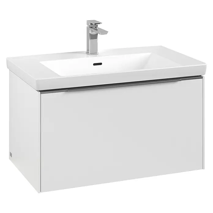 Villeroy & Boch Subway 3.0 Waschbeckenunterschrank - Pure White, Anzahl Schubladen: 1 Stk., Farbe Griff: Aluminium glänzend, B x T x H: 77,2 x 47,8 x 42,9 cm, Mit Beleuchtung - Das Bild zeigt einen modernen weißen Waschtisch mit einer eleganten Armatur, perfekt für ein stilvolles Badezimmer.