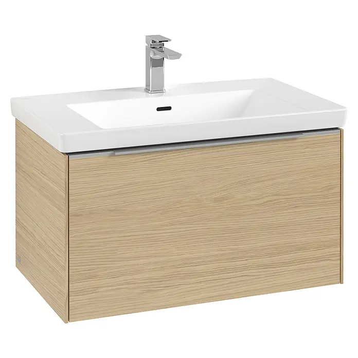 Villeroy & Boch Subway 3.0 Waschbeckenunterschrank - Nordik Oak, Anzahl Schubladen: 1 Stk., Farbe Griff: Aluminium glänzend, B x T x H: 77,2 x 47,8 x 42,9 cm, Mit Beleuchtung - Ein Waschbeckenunterschrank mit Holzdekor-Front und einem modernen, chromfarbenen Wasserhahn. Ideal für jedes moderne Badezimmer.