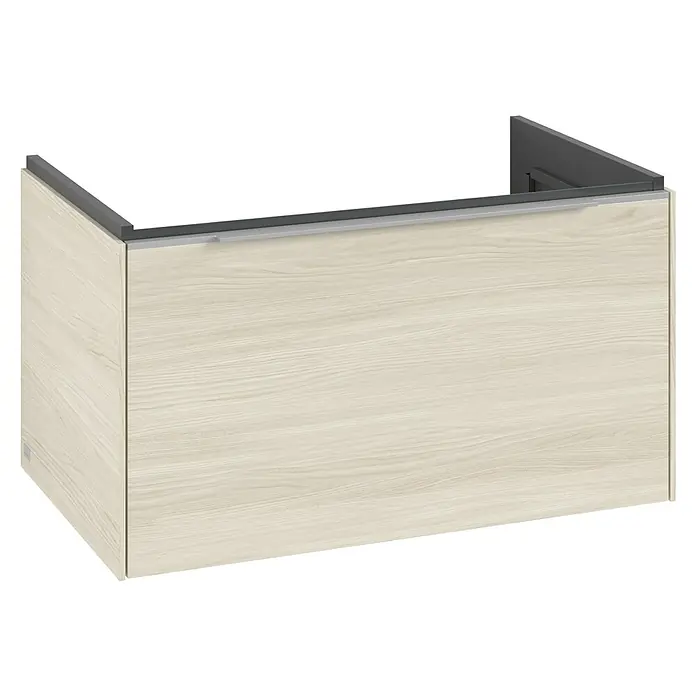Villeroy & Boch Subway 3.0 Waschbeckenunterschrank - White Oak, Anzahl Schubladen: 1 Stk., Farbe Griff: Aluminium glänzend, B x T x H: 77,2 x 47,8 x 42,9 cm, Mit Beleuchtung - Elegantes, helles Holzpaneel mit grauem Rahmen, das jedem Raum eine moderne Note verleiht. Ideal für stilvolle Wandgestaltungen.