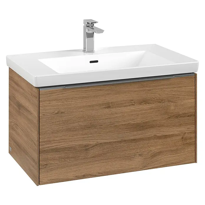 Villeroy & Boch Subway 3.0 Waschbeckenunterschrank - Kansas Oak, Anzahl Schubladen: 1 Stk., Farbe Griff: Aluminium glänzend, B x T x H: 77,2 x 47,8 x 42,9 cm, Mit Beleuchtung - Ein Waschbeckenunterschrank in Holzoptik mit einem weißen Waschbecken und einer modernen Armatur. Perfekt für jedes Badezimmer.
