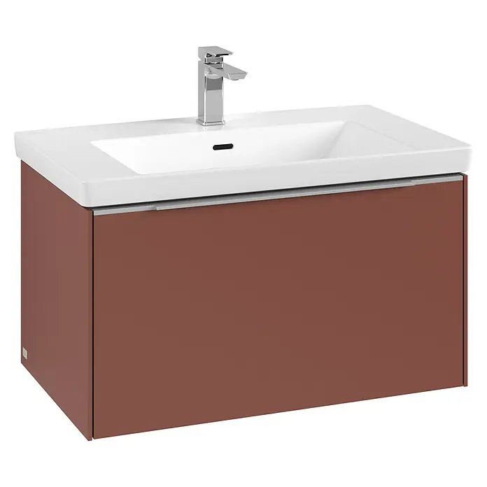 Villeroy & Boch Subway 3.0 Waschbeckenunterschrank - Wine Red, Anzahl Schubladen: 1 Stk., Farbe Griff: Aluminium glänzend, B x T x H: 77,2 x 47,8 x 42,9 cm, Mit Beleuchtung - Moderne braune Waschtischkombination mit weißem Waschbecken und Chromarmatur, ideal für stilvolle Badezimmer.