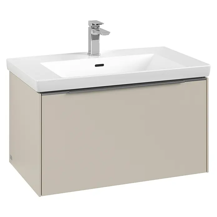 Villeroy & Boch Subway 3.0 Waschbeckenunterschrank - Cashmere Grey, Anzahl Schubladen: 1 Stk., Farbe Griff: Aluminium glänzend, B x T x H: 77,2 x 47,8 x 42,9 cm, Mit Beleuchtung - Ein moderner Waschtischunterschrank mit einer glatten, beigen Oberfläche und einem eleganten Waschbecken mit Armatur.