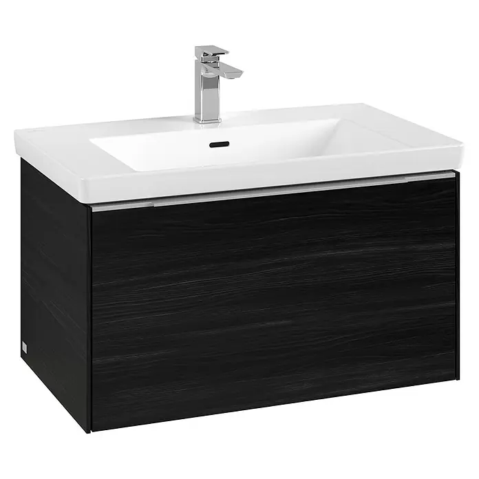 Villeroy & Boch Subway 3.0 Waschbeckenunterschrank - Black Oak, Anzahl Schubladen: 1 Stk., Farbe Griff: Aluminium glänzend, B x T x H: 77,2 x 47,8 x 42,9 cm, Mit Beleuchtung - Elegantes Waschbecken mit Unterschrank in dunkler Holzoptik und moderner Armatur. Das Badmöbel-Set vereint Stil und Funktionalität für Ihr Badezimmer.