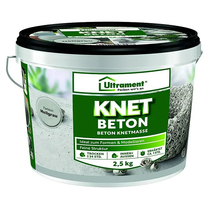 Ultrament Beton-Knetmasse Knet Beton - Hellgrau, 2,5 kg - Dose Ultrament Knet Beton, eine gebrauchsfertige Betonmasse zum Formen und Modellieren im Innen- und Außenbereich mit 2,5 kg Inhalt.