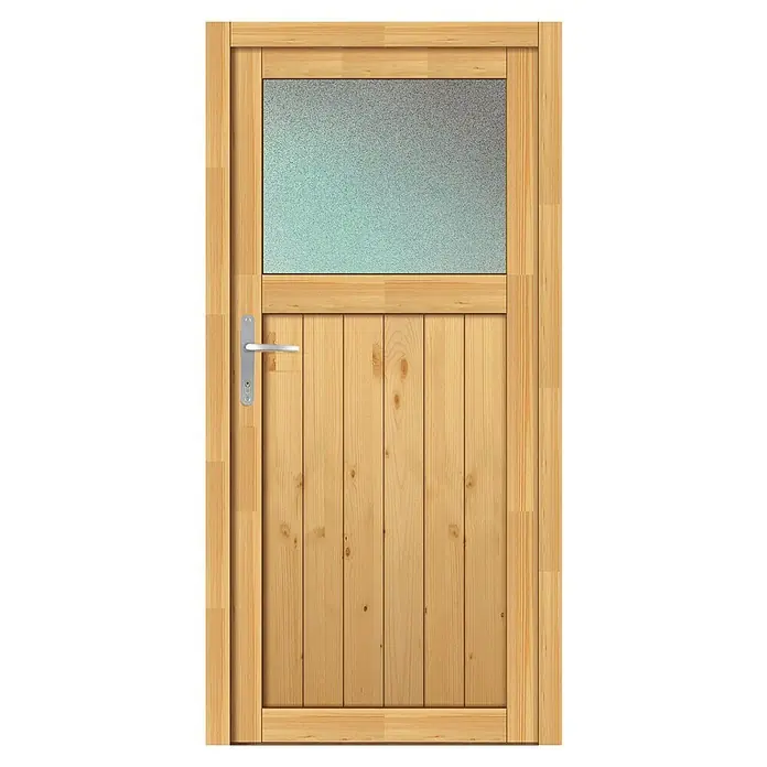 Panto Nebeneingangstür NET 504 - 88 x 200 cm, DIN Anschlag: Links - Holztür mit Glaseinsatz oben und einem modernen Türgriff, ideal für Haus oder Garten. Die robuste Bauweise sorgt für Langlebigkeit.