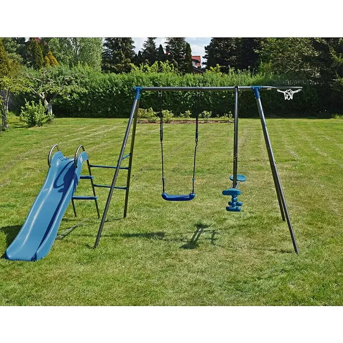 Kinderspielturm Thymek II - L x B x H: 230 x 150 x 195 cm, Blau - Kinderspielplatz mit blauer Rutsche, Schaukeln und Basketballkorb im Garten. Ideal für stundenlangen Spaß im Freien.