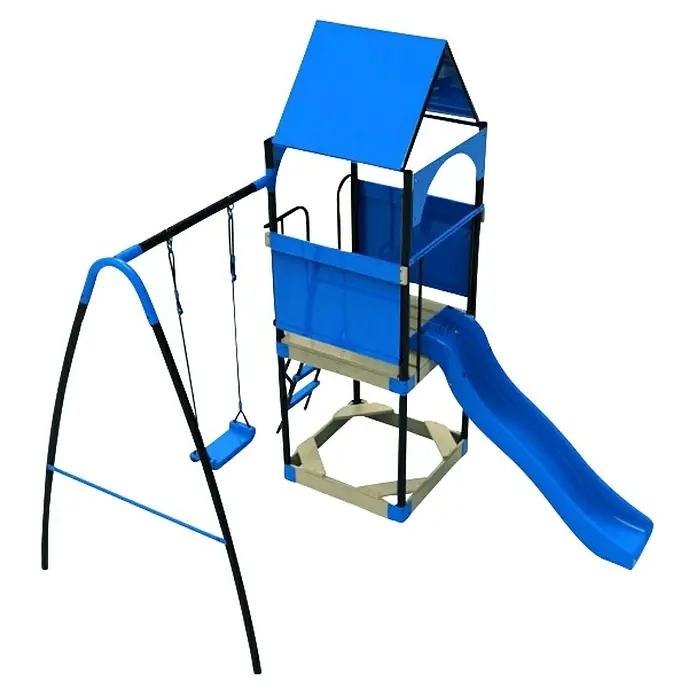 Kinderspielturm Katjek - L x B x H: 295 x 215 x 260 cm, Blau - Nahaufnahme eines blauen Kinderspielplatzes mit Schaukel und Rutsche vor einem dunklen Hintergrund.