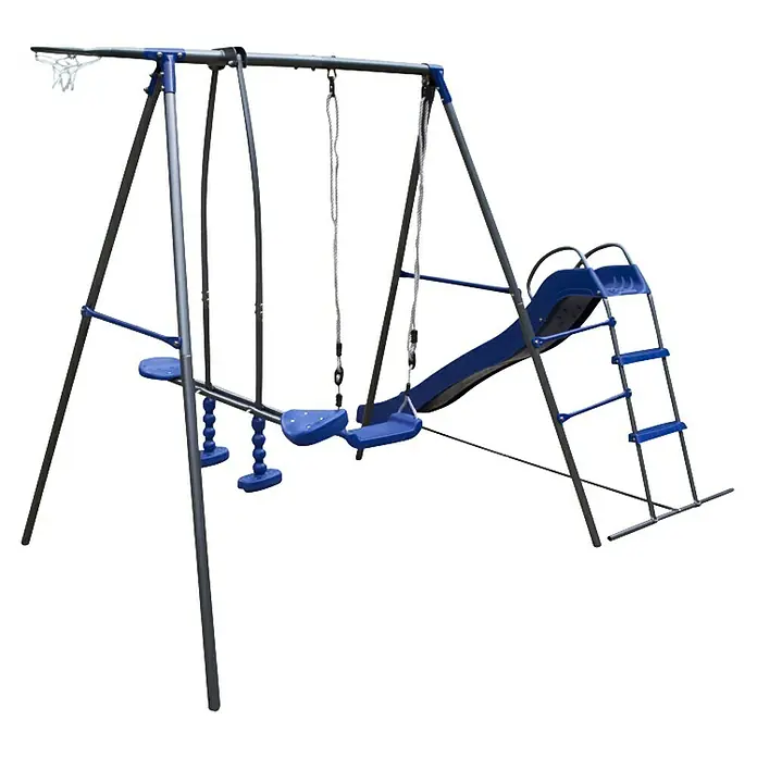 Kinderspielturm Thymek II - L x B x H: 230 x 150 x 195 cm, Blau - Nahaufnahme eines blauen und silbernen Kinderspielplatzes mit Schaukeln und Rutsche auf schwarzem Hintergrund.