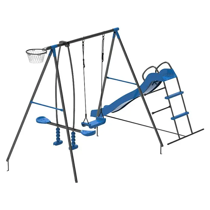 Kinderspielturm Thymek II - L x B x H: 230 x 150 x 195 cm, Blau - Kinderspielplatz mit Schaukeln, Rutsche und Basketballkorb. Ideal für stundenlangen Spaß im Freien.