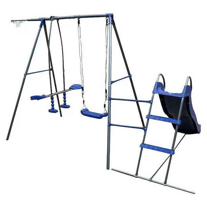 Kinderspielturm Thymek II - L x B x H: 230 x 150 x 195 cm, Blau - Ein blau-silbernes Kinderspielplatzset mit Schaukeln, Klettergerüst und Rutsche für stundenlangen Spielspaß im Freien.
