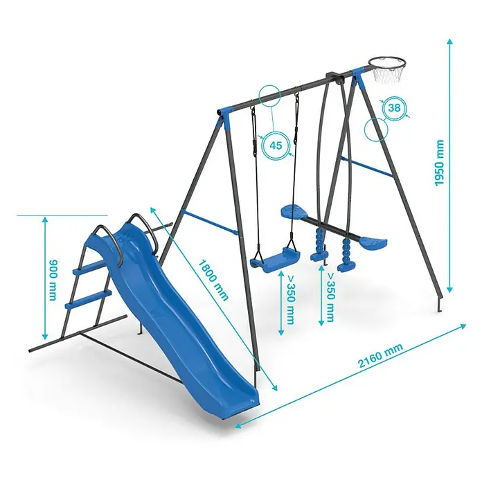 Kinderspielturm Thymek II - L x B x H: 230 x 150 x 195 cm, Blau - Eine Schaukel mit Rutsche und Basketballkorb, ideal für stundenlangen Spaß im Freien. Die Maße sind deutlich gekennzeichnet.