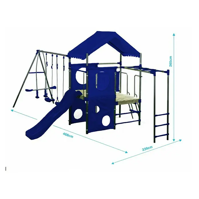 Kinderspielturm Olaf - L x B x H: 339 x 468 x 265 cm, Blau - Abbildung eines blauen Klettergerüsts mit Schaukel, Rutsche und Kletterwand, ideal für Kinder zum Spielen und Spaßhaben im Freien.