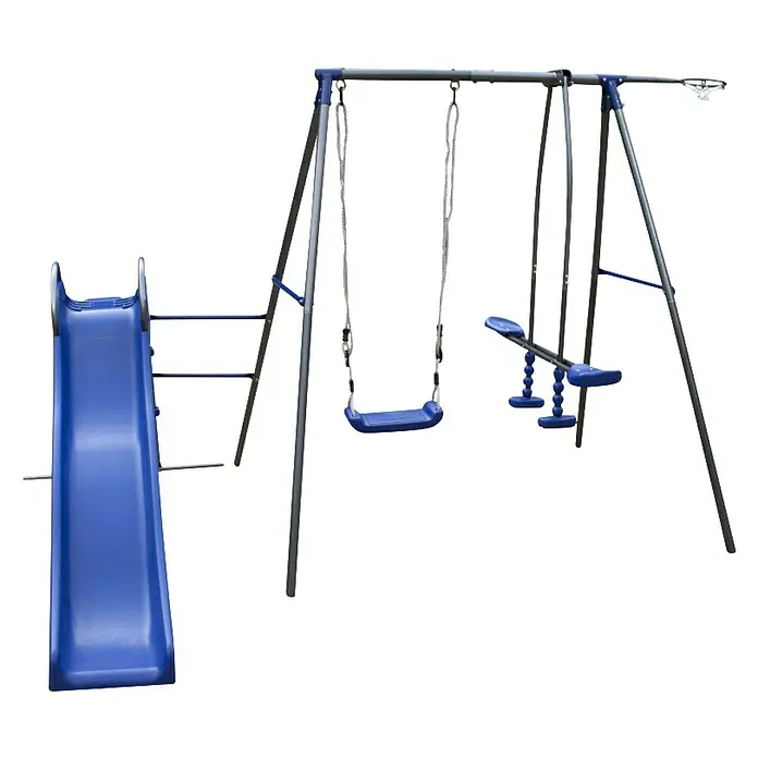 Kinderspielturm Thymek II - L x B x H: 230 x 150 x 195 cm, Blau - Blaues Spielplatzgerät mit Rutsche, Schaukel und Klettergerüst für stundenlangen Spaß im Freien. Robuste Konstruktion für sicheres Spielen.