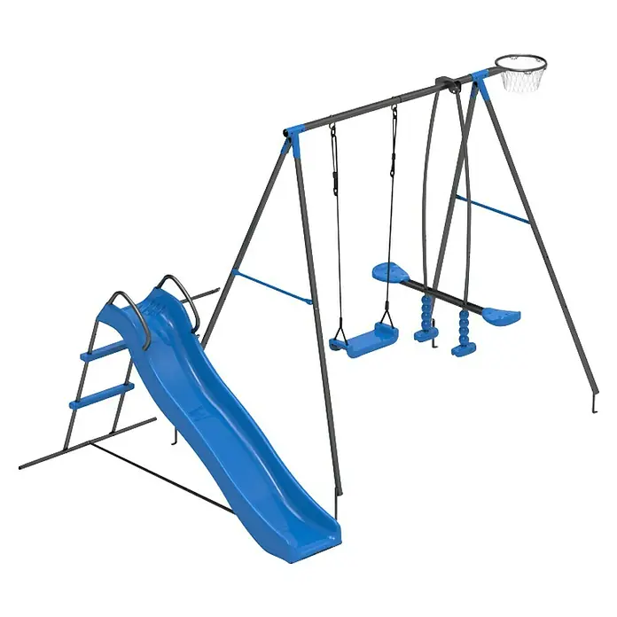 Kinderspielturm Thymek II - L x B x H: 230 x 150 x 195 cm, Blau - Spielplatzgerät mit Rutsche, Schaukel und Basketballkorb. Ideal für aktiven Spaß im Freien, bietet vielfältige Spielmöglichkeiten für Kinder.