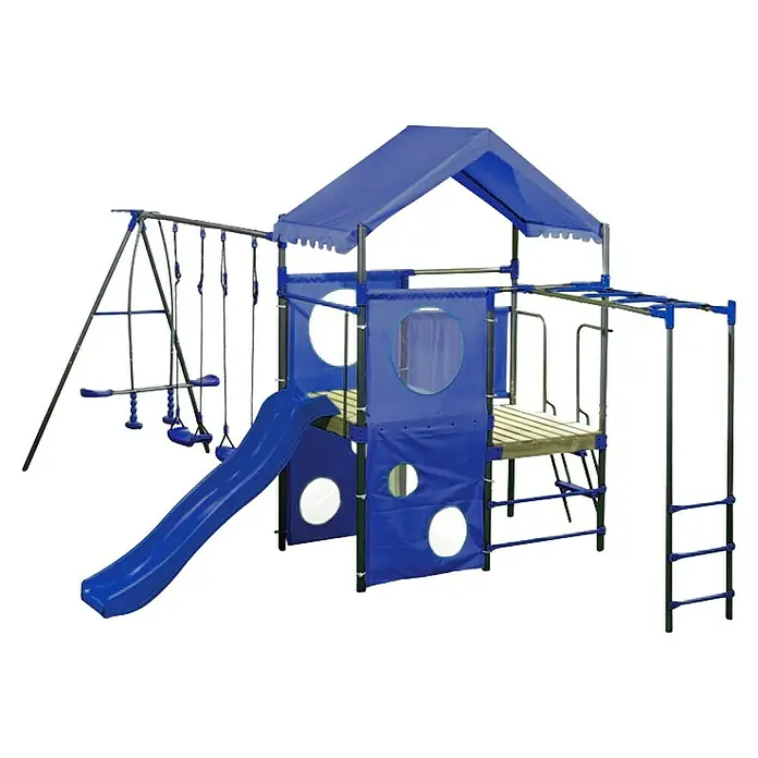 Kinderspielturm Olaf - L x B x H: 339 x 468 x 265 cm, Blau - Ein detailreiches Bild eines blauen Kinderspielplatzes mit Rutsche, Schaukeln und Klettergerüst für endlosen Spaß im Freien.