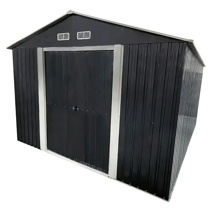 Gerätehaus - Außenmaß inkl. Dachüberstand (B x T): 300 x 303 cm, Firsthöhe: 2,14 m, Stahl, Anthrazit - Eine isolierte Gartenlaube mit Doppeltür und grauem Ziegeldach für den Garten.
