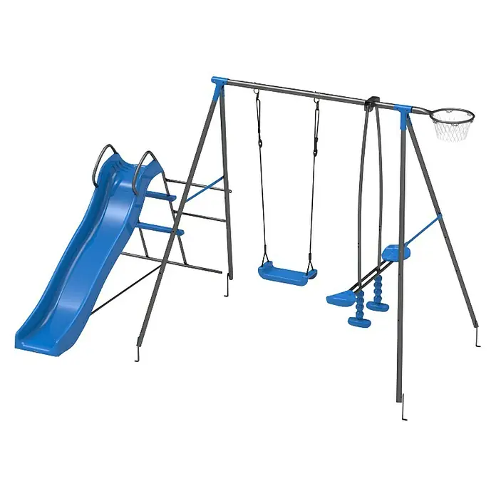 Kinderspielturm Thymek II - L x B x H: 230 x 150 x 195 cm, Blau - Schaukel- und Klettergerüst mit Rutsche und Basketballkorb. Das Spielgerät ist ideal für den Garten und bietet vielseitigen Spielspaß.