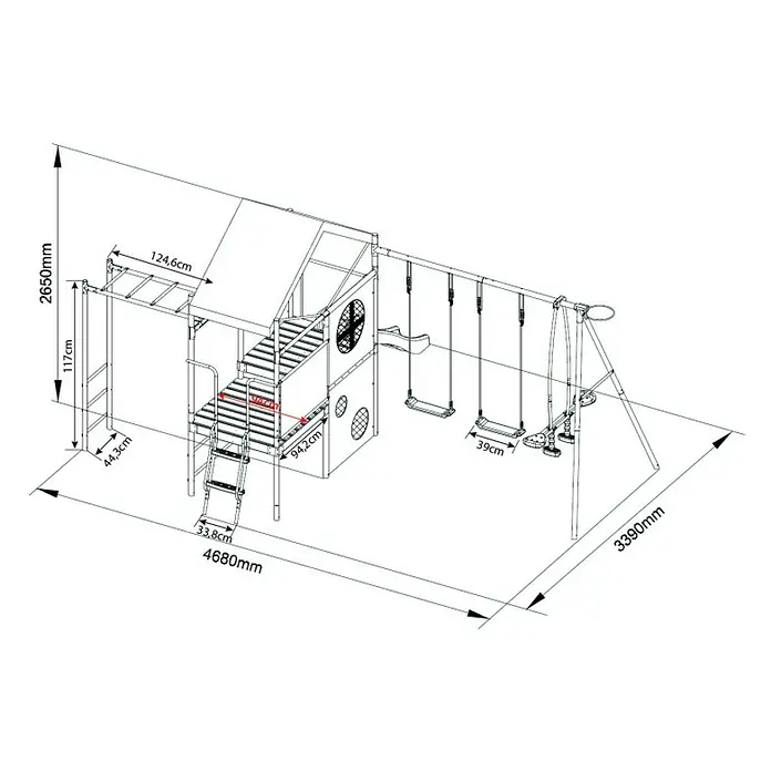 Kinderspielturm Olaf - L x B x H: 339 x 468 x 265 cm, Blau - Abbildung des Spielturms mit den Maßen 2650 mm Höhe, 4680 mm Länge und 3390 mm Breite. Der Spielturm hat auch eine Rutsche.