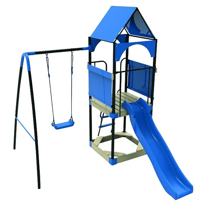 Kinderspielturm Katjek - L x B x H: 295 x 215 x 260 cm, Blau - Ein farbenfroher Spielplatz mit Schaukeln, Rutsche und Spielturm für stundenlangen Spielspaß im Freien.