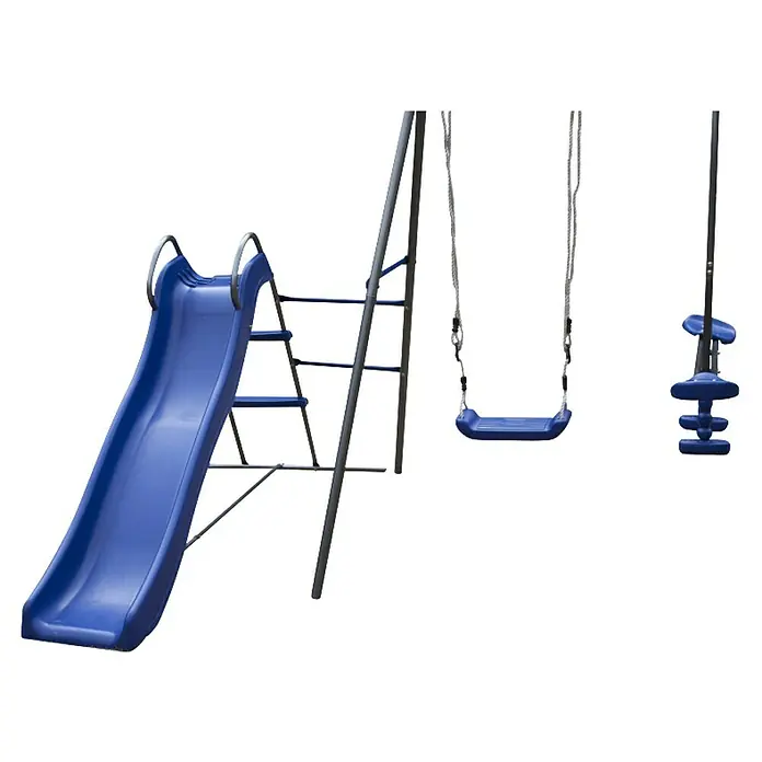 Kinderspielturm Thymek II - L x B x H: 230 x 150 x 195 cm, Blau - Blaue Kinderspielplatz-Kombination mit Rutsche, Schaukel und Klettergerüst für aktiven Spaß im Freien.