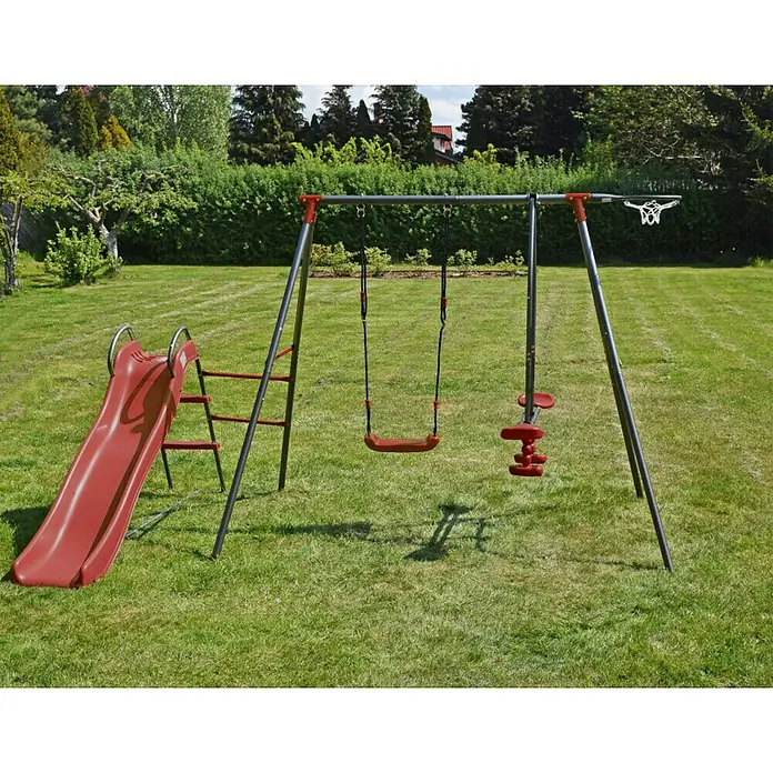 Kinderspielturm Thymek II - L x B x H: 230 x 150 x 195 cm, Rot - Spielplatz-Set mit roter Rutsche, Schaukel und Basketballkorb im Garten. Ideal für stundenlangen Spielspaß im Freien.