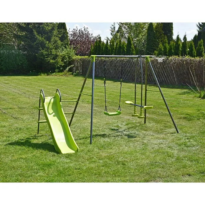 Kinderspielturm Thymek II - L x B x H: 230 x 150 x 195 cm, Hellgrün - Ein farbenfroher Kinderspielplatz im Garten mit Schaukel und Rutsche, perfekt für stundenlangen Spielspaß im Freien.