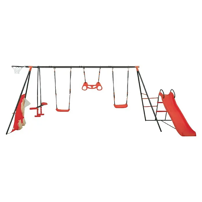 Kinderspielturm Maks II - L x B x H: 480 x 185 x 195 cm, Rot - Kinderspielplatz mit Schaukeln, Rutsche, Basketballkorb und Klettergerüst für stundenlangen Spielspaß im Freien.