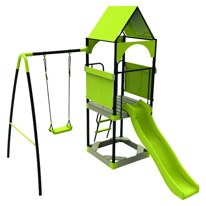 Kinderspielturm Katjek - L x B x H: 295 x 215 x 260 cm, Hellgrün - Ein farbenfroher Kinderspielplatz mit Schaukel, Rutsche und Kletterturm für stundenlangen Spielspaß im Freien.