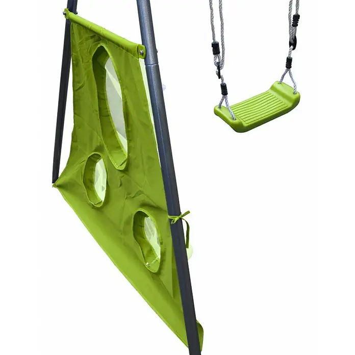 Kinderspielturm Maks II - L x B x H: 480 x 185 x 195 cm, Hellgrün - Ein grüner Kinderspielplatz mit einem Kletterelement mit Löchern und einer Schaukel. Ideal für Outdoor-Spaß und aktive Kinder.