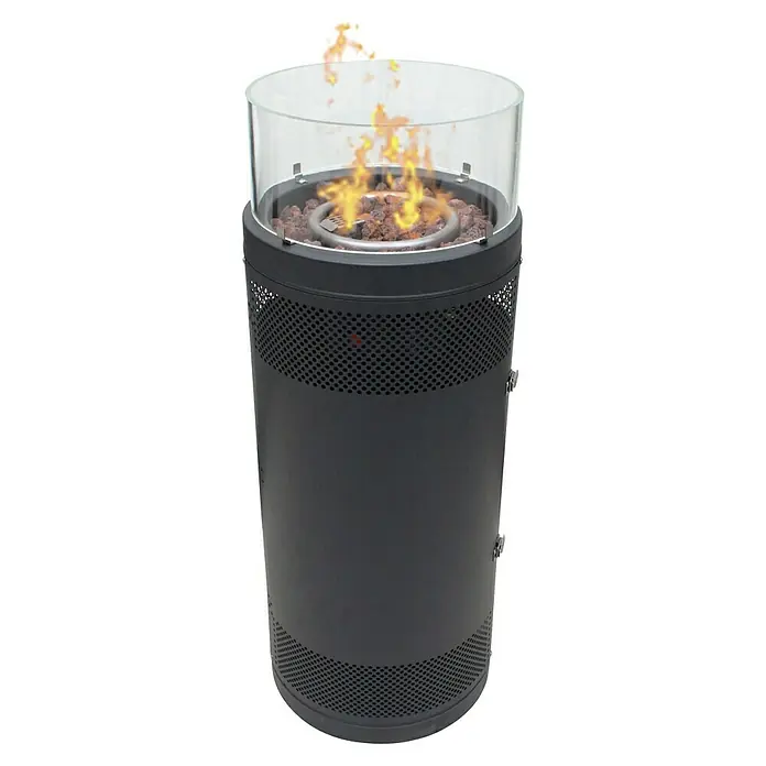 Kingstone Feuerstelle Sunset - Ø x H: 38 x 99 cm, Schwarz, Leistung: 5 kW - 9 kW - Dunkelgraue zylindrische Outdoor-Feuerstelle mit klarem Glasschutz, Lavasteinen und sichtbaren Flammen.