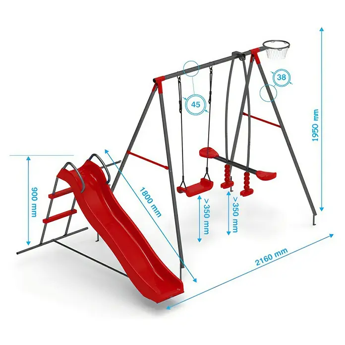 Kinderspielturm Thymek II - L x B x H: 230 x 150 x 195 cm, Rot - Ein farbenfroher Spielplatz mit Rutsche, Schaukel und Basketballkorb, ideal für stundenlangen Spaß im Freien.